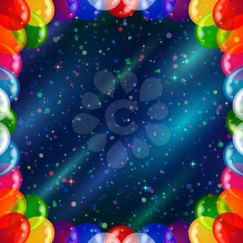 Holiday background for web design with colorful balloons frame and confetti on abstract space with dark blue sky, stars and color cosmic rays. Eps10, contains transparencies. Vector