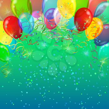 Holiday background with various color balloons, fireworks and confetti. Vector eps10, contains transparencies