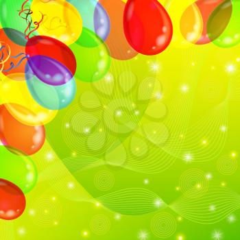 Holiday background with various color balloons, sparks and serpentine on green. Vector eps10, contains transparencies