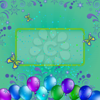 Frame, coloured balloons and confetti on green background