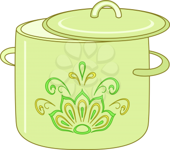 Kitchen utensil, green pan with abstract floral pattern. Vector