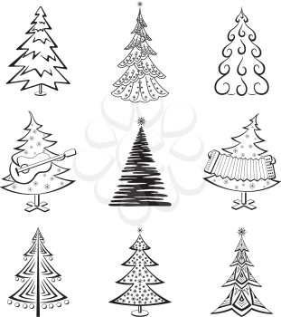 Christmas trees set, black pictogram isolated on white background, winter holiday symbols. Vector