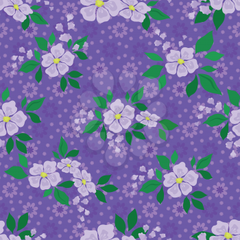Abstract Floral Seamless Pattern with Lilac Flowers and Green Leaves on Purple Background. Vector