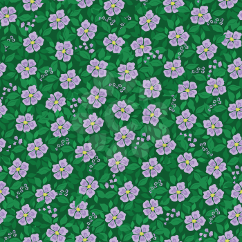 Abstract floral seamless pattern with lilac flowers and green leaves on purple background. Vector