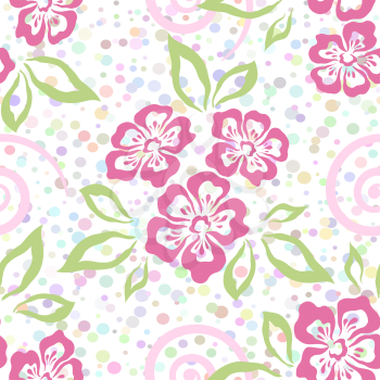 Abstract Seamless Pattern with Pink Flowers and Colorful Confetti on White Background. Vector