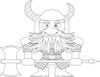 Dwarf warrior in armor and helmet standing with battle ax, funny comic cartoon character, contour. Vector