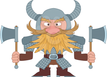 Dwarf, redhead warrior in armor and helmet standing with battle ax, funny comic cartoon character. Vector