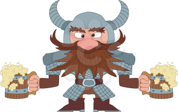 Drunken dwarf warrior in armor and helmet standing with two large beer mugs, funny comic cartoon character. Vector