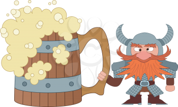 Drunken dwarf warrior in armor and helmet standing near the giant beer mug, funny comic cartoon character. Vector