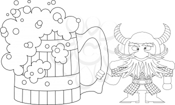 Drunken dwarf warrior in armor and helmet standing near the giant beer mug, funny comic cartoon character, black contour on white background. Vector