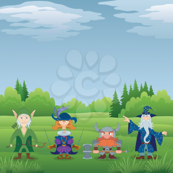 Fantasy brave heroes: elf archer, cavalier fencer, dwarf warrior and old wizard standing in forest and preparing to epic battle, funny comic cartoon characters. Vector