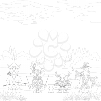 Fantasy brave heroes: elf archer, cavalier fencer, dwarf warrior and old wizard standing in forest and preparing to epic battle, funny comic cartoon characters, black contour on white background. Vect