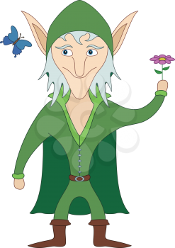 Elf standing with flower in his hand and looking on butterfly, funny comic cartoon character. Vector