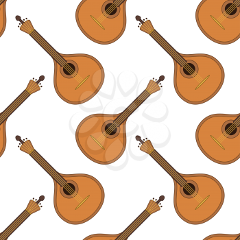 Seamless background with mandolins, cartoon vintage stringed musical instruments of troubadours and performers of serenades, isolated on white background. Vector