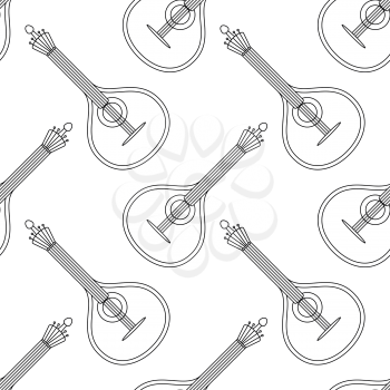 Seamless background with mandolins, cartoon vintage stringed musical instruments of troubadours and performers of serenades, black contour on white. Vector