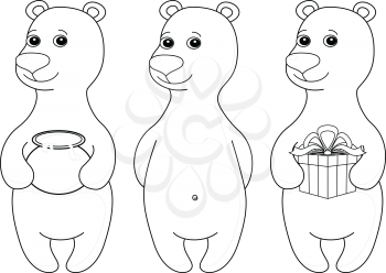 Teddy bear set, cute little toy, standing and smiling, isolated. Various  simple, with gift box and honey pot, contours. Vector