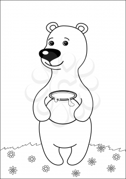 Teddy-bear with honey pot standing on flower meadow, contours
