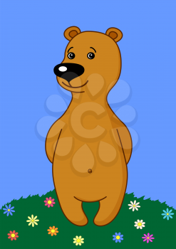 Teddy bear, toy, standing on a flower meadow. Vector
