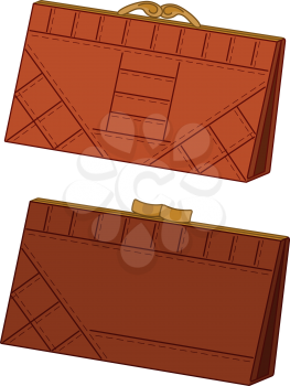 Brown leather purses for money with rectangular texture, pair. Vector
