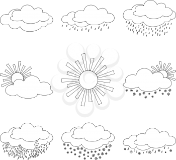 Set weather icons, illustrating the various natural phenomena, contours. Vector