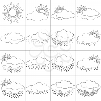Set weather icons, illustrating the various natural phenomena, black contours isolated on white background. Vector