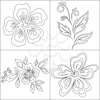 Abstract vector symbolical flowers, monochrome contours, set