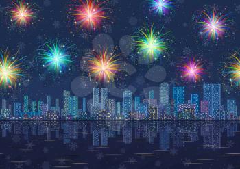 Horizontal Seamless Landscape, Holiday Urban Background, Night City with Skyscrapers, Fireworks and Snowflakes in Starry Sky, Reflecting in Blue Sea. Eps10, Contains Transparencies. Vector