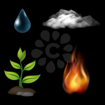 Set of Natural Elements of Water, Fire, Earth and Air. Composition of Four Icons on Black Background. Eps10, Contains Transparencies. Vector