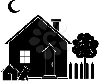 House with dog kennel and tree, black silhouette. Vector
