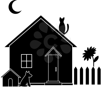 House with dog kennel and kitchen garden, silhouette. Vector