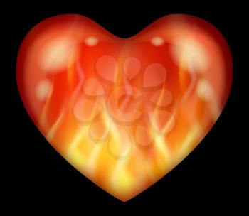 Red and Yellow Flaming Valentine Heart, Fire Love Symbol, Isolated on Black Background. Eps10, Contains Transparencies. Vector