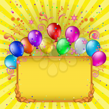 Vector: frame, coloured balloons and confetti on gold background with beams