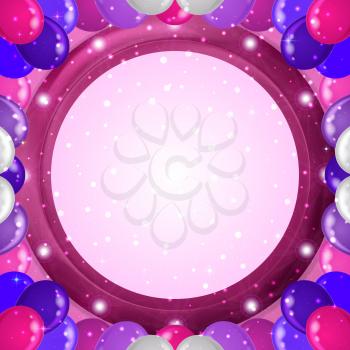 Holiday abstract background for web design with colorful balloons frame and round lilac window on pink wall. Eps10, contains transparencies. Vector
