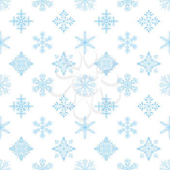 Christmas Seamless Background with Ornate Blue Snowflakes, Isolated on White. Vector