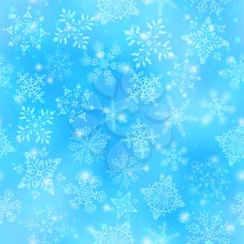 Christmas Seamless Background with White Snowflakes and Stars on Blue Sky. Eps10, Contains Transparencies. Vector