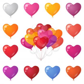 Set of colorful festive heart shaped balloons of various colors, element for holiday design isolated on white. Eps10, contains transparencies. Vector