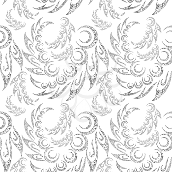 Abstract Seamless Background with Symbolical Contour Patterns and Floral Ornaments. Vector