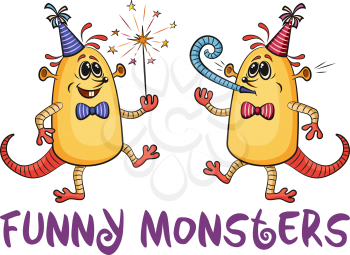 Set of Cute Cartoon Monsters, Colorful Characters with Sparkler and Festive Fife, Elements for your Party Holiday Design, Prints and Banners, Isolated on White Background. Vector