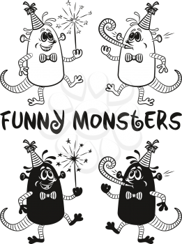 Set of Cute Cartoon Monsters, Black Contour and Silhouette Characters with Sparkler and Festive Fife, Elements for your Party Holiday Design, Prints and Banners, Isolated on White Background. Vector