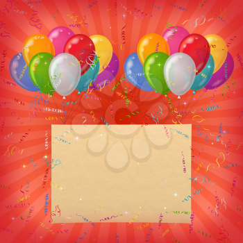 Holiday background for design with colorful balloons, sheet of paper and serpentine on red. Eps10, contains transparencies. Vector