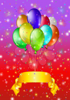 Holiday background, balloons in bunch with a gold banner. Vector eps10, contains transparencies