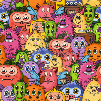 Seamless Background for your Design with Different Cartoon Monsters, Colorful Tile Pattern with Cute Funny Characters. Vector