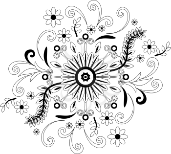 Abstract Outline Ornament, Contour Black and White Floral Pattern on White Background. Vector