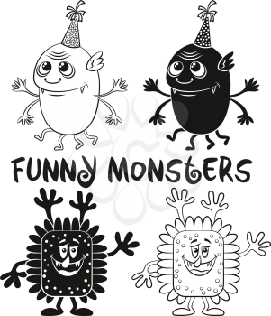 Set of Cute Different Cartoon Monsters, Black Contour and Silhouette Characters in Holiday Caps, Elements for your Design, Prints and Banners, Isolated on White Background. Vector