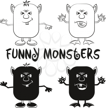 Set of Funny Black Contour and Silhouette Cartoon Characters, Different Angry Monsters Waving their Paws, Elements for your Design, Prints and Banners, Isolated on White Background. Vector