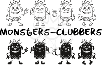 Set of Cute Cartoon Monsters Clubbers, Black Contour and Silhouette Characters, Listening Music, Smiling and Dancing, Elements for Holiday Party Design, Prints and Banners, Isolated on White. Vector