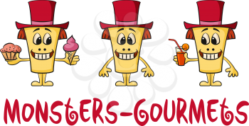 Set of Cute Cartoon Monsters Gourmets, Colorful Toy Characters in Red Holiday Toppers, Smiling and Eating Juice and Food, Elements for Your Design, Prints and Banners, Isolated on White. Vector