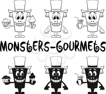 Set of Cute Cartoon Monsters Gourmets, Black Contour and Silhouette Characters in Toppers, Smiling and Eating Juice and Food, Elements for Your Design, Prints and Banners, Isolated on White. Vector