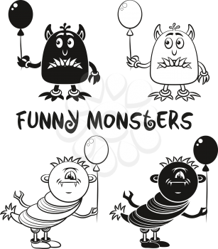 Set of Cute Different Cartoon Monsters, Black Contour and Silhouette Characters with Toy Balloon, Elements for your Design, Prints and Banners, Isolated on White Background. Vector