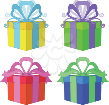 Gift box with bow, holiday symbol, color square package, isolated on white background, set. Vector